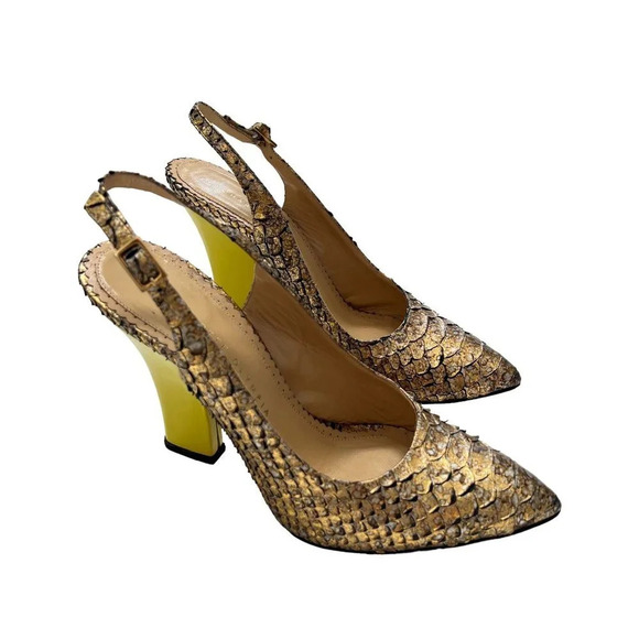Charlotte Olympia Bronze Python Slingback Neon Heels - Picture 3 of 10